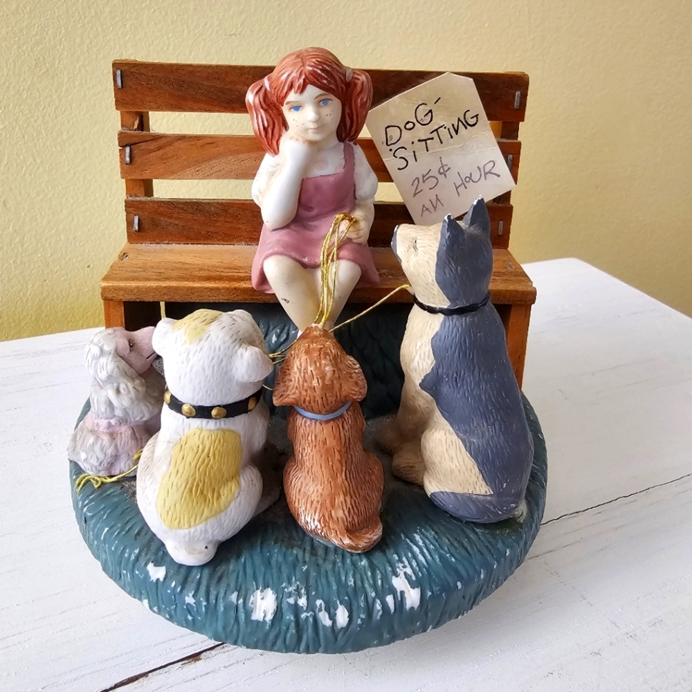 House of Lloyd 1990 Musical Box Girl Sitting with Dogs Vintage Collectible